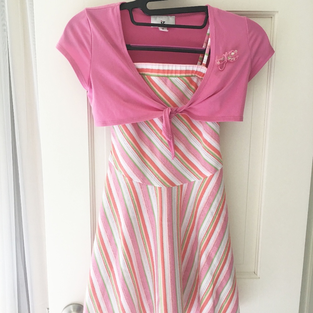 IZ Byer Kids Pink Stripes Summer Party Holiday Sun Dress with Removable Shrug 6X